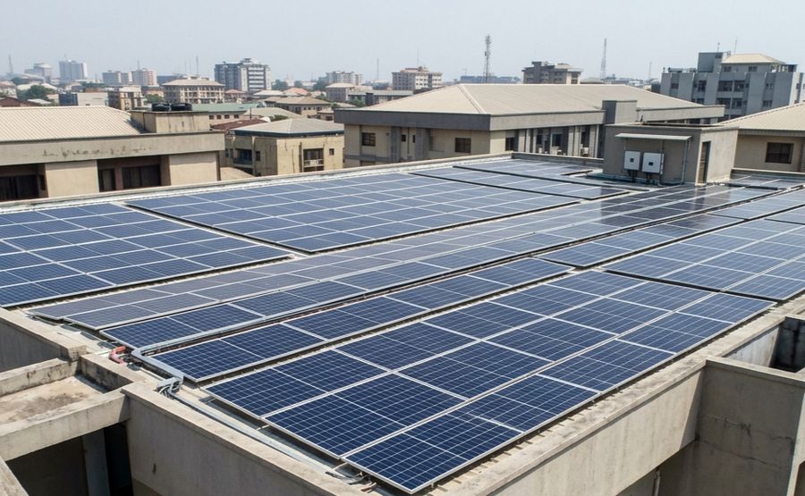Photo of a modern apartment block served by estate solar power