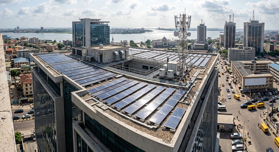 Modern bank and office building running on uninterrupted solar power