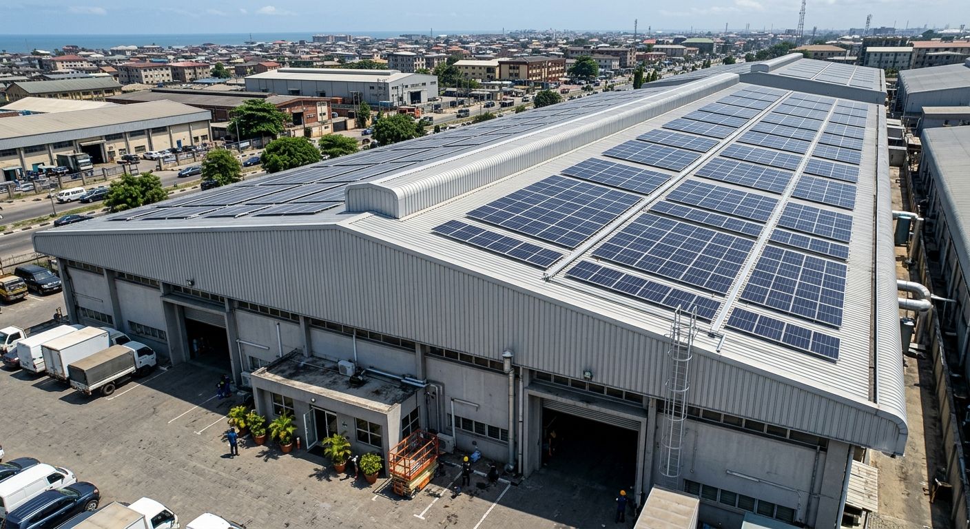 Aerial view of a commercial rooftop solar installation on an industrial building in Nigeria